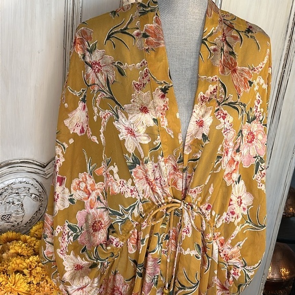 Free People X Gold Floral Sheer Kimono Drawstring Waist Top Romantic Victorian - Picture 2 of 8